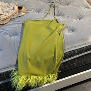 Elegant Green Dress with Feather Trim